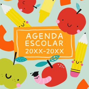 Portada de agenda escolar divertida con manzanas sonrientes y lápices animados
