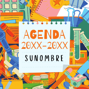 Portada de agenda escolar con ilustraciones de material de clase colorido