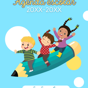 Portada de agenda escolar infantil con niños sonrientes montados en un lápiz volador