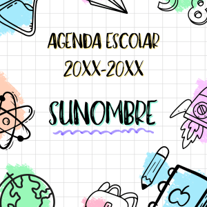 Portada de agenda escolar con elementos de ciencias y material escolar sobre fondo cuadriculado
