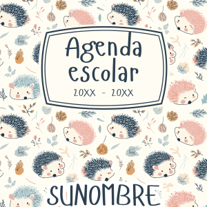 Portada de agenda escolar con erizos tiernos y hojas otoñales en tonos pastel