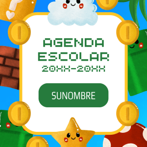 Portada de agenda escolar inspirada en videojuegos retro con monedas, estrellas y bloques