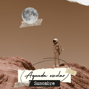 Portada de agenda escolar con astronauta y luna sobre un paisaje rocoso minimalista