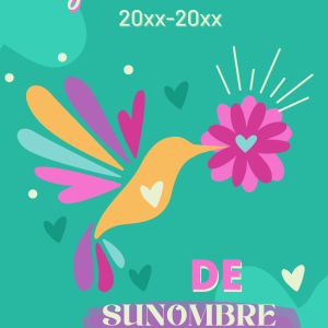 Portada de agenda escolar con ilustración de colibrí multicolor y flor rosa