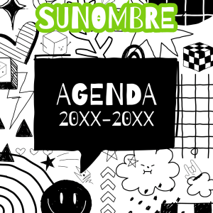 Portada de agenda escolar con diseño doodle en blanco y negro con detalles verdes