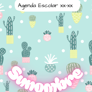 Portada de agenda escolar con diseño de cactus y piñas en tonos pastel sobre fondo azul celeste