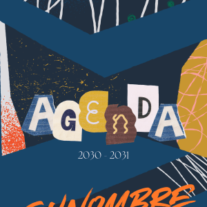 Portada de agenda escolar abstracta con diseño collage en tonos azul, naranja, dorado y blanco.